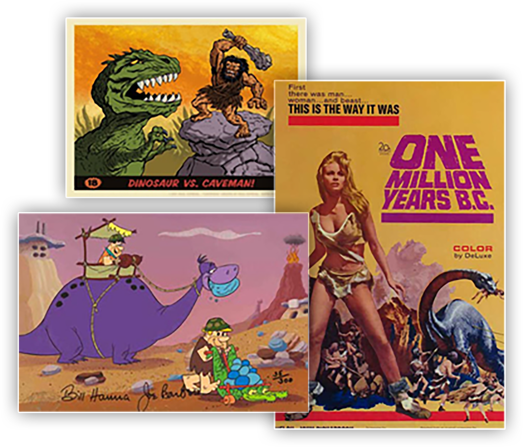 Three comics featuring dinosaurs: Dinosaur versus Caveman, The Flintstones, and One Million Years B-C.