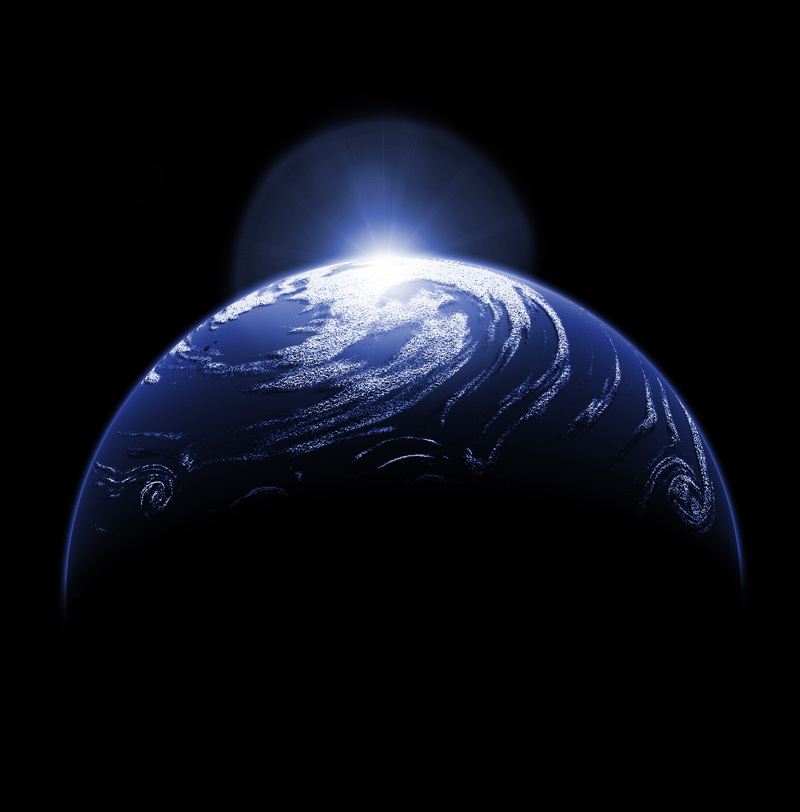 La Tierra vista desde el espacio con el Sol saliendo justo por encima del horizonte.