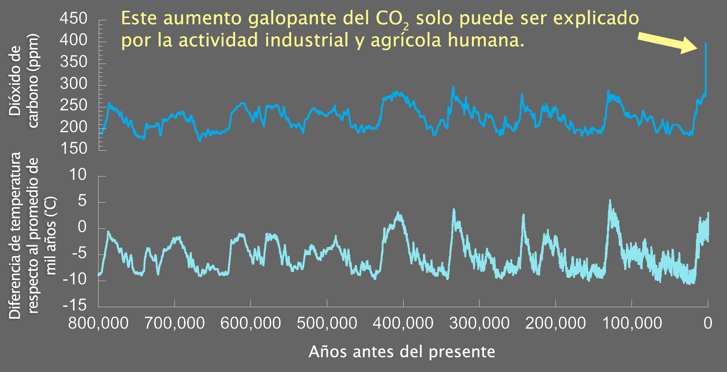 La misma gráfica que en la diapositiva anterior, pero ahora en la parte superior se lee: Este aumento galopante del CO2 solo puede ser explicado por la actividad industrial y agrícola humana. Una flecha señala el pico más alto de la gráfica, que es en el presente.