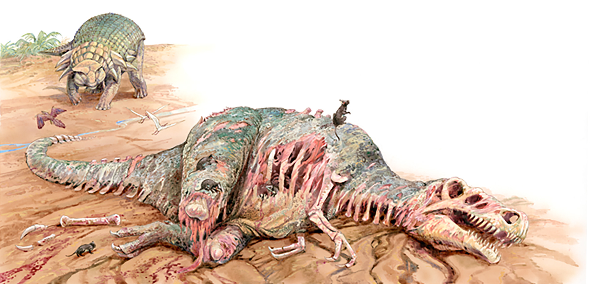 Roedores alimentándose de los restos de un gran animal prehistórico. Un gran animal con cuernos se acerca al cadáver.