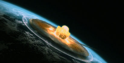 Artist rendition of of an asteroid hitting the earth as viewed from outer space