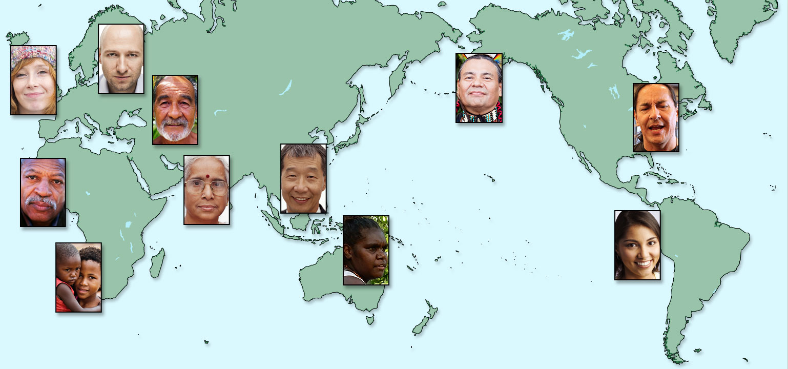 A map of the world with faces superimposed on different parts representing the people of that region.