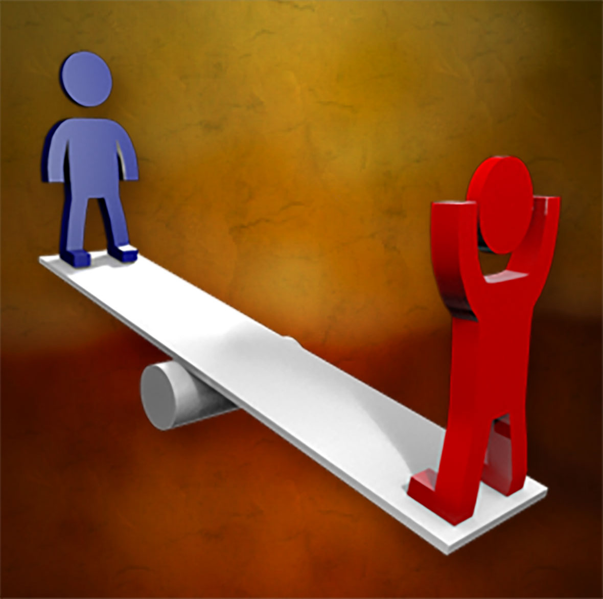 An illustration of two figures standing on either end of a plank balanced over a fulcrum. One end of the plank is on the ground and the other is up in the air.