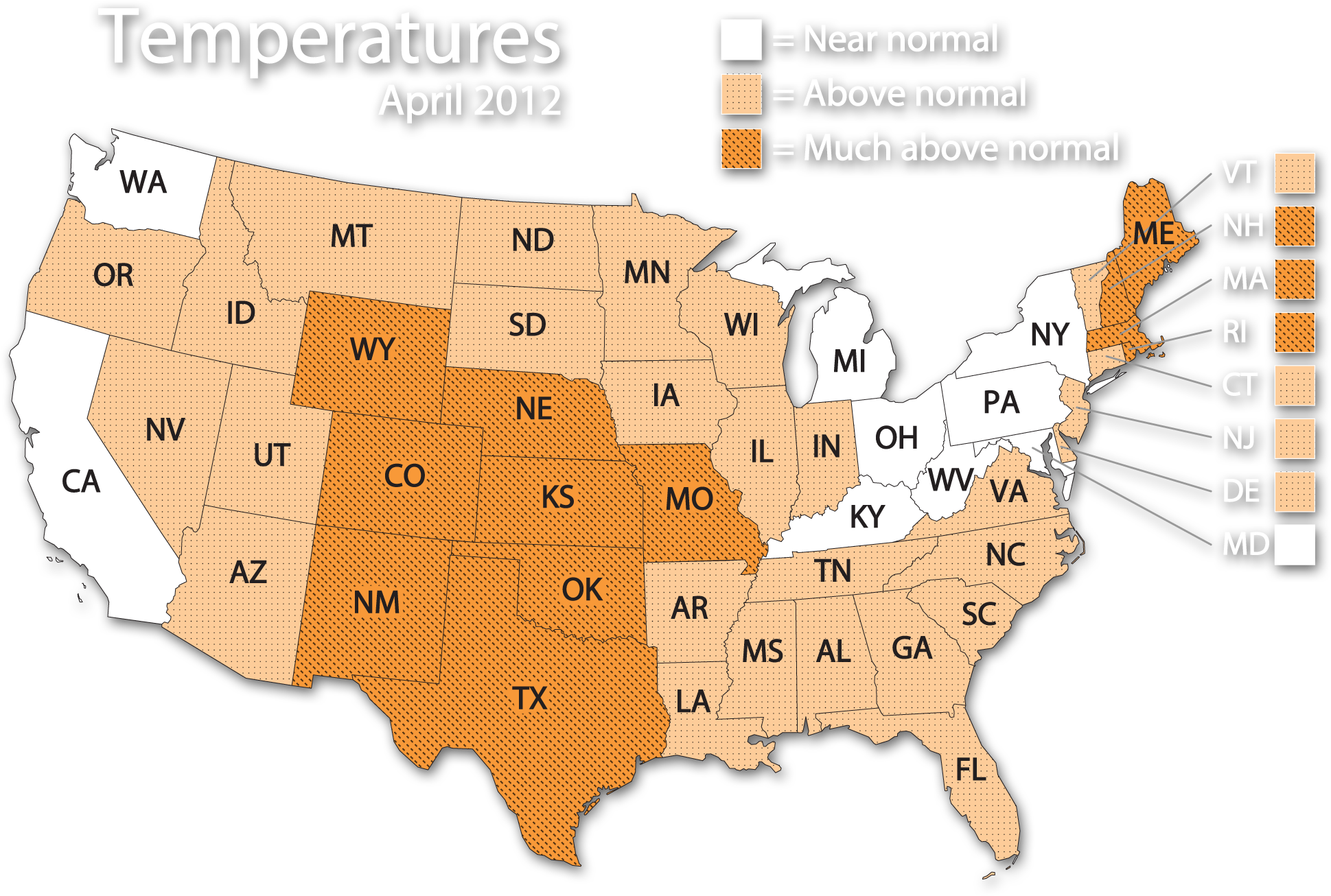 A map of the United States titled Temperatures April 2012. White equals near normal. Yellow-orange equals above normal. Orange equals much above normal. The great lakes region, Washington, and California are white. Most of the rest of the country is yellow-orange. Much of New England and the Great Plains are orange.