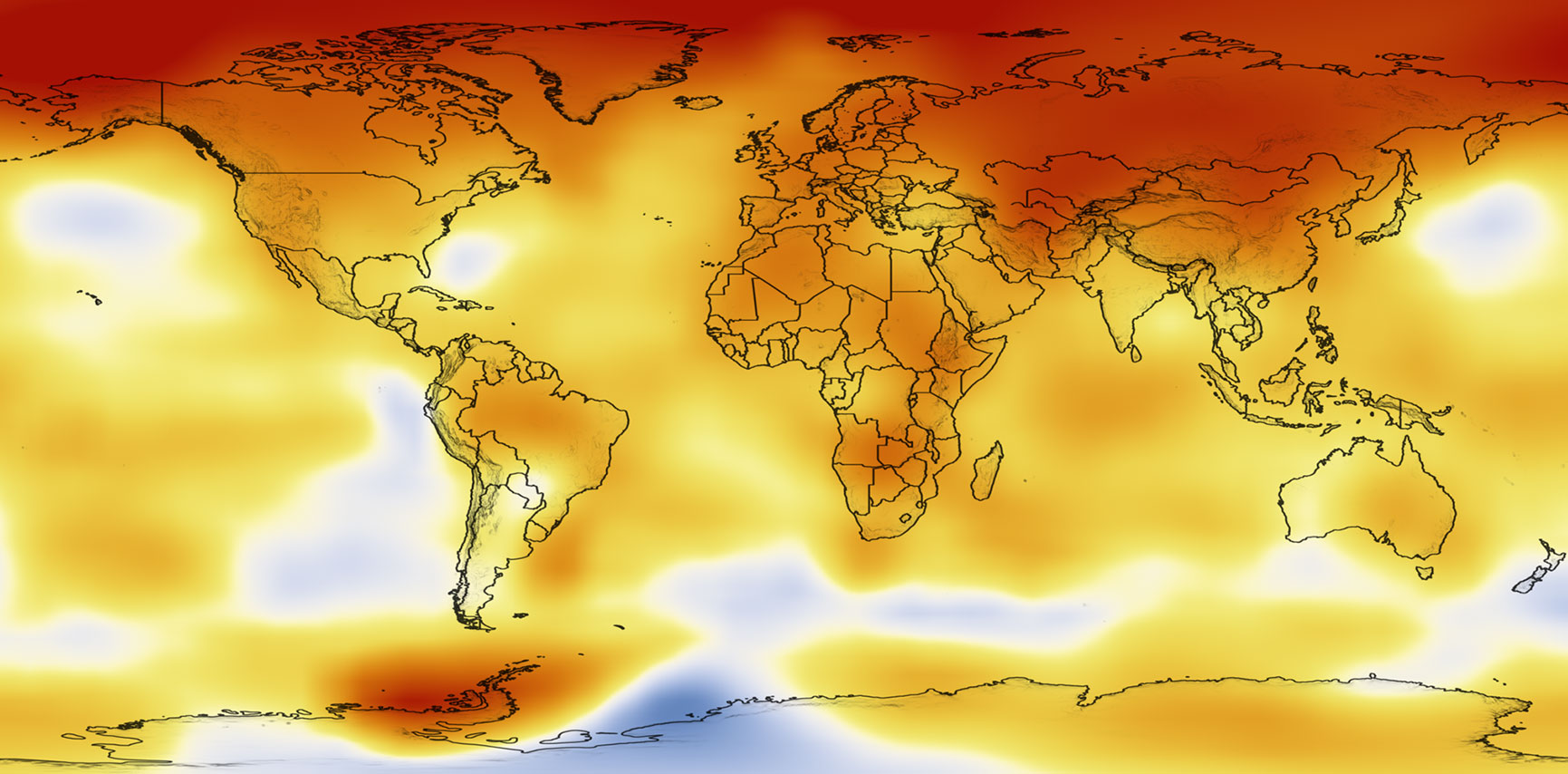 A heat map of the globe showing areas of highest temperature change in the polar regions.