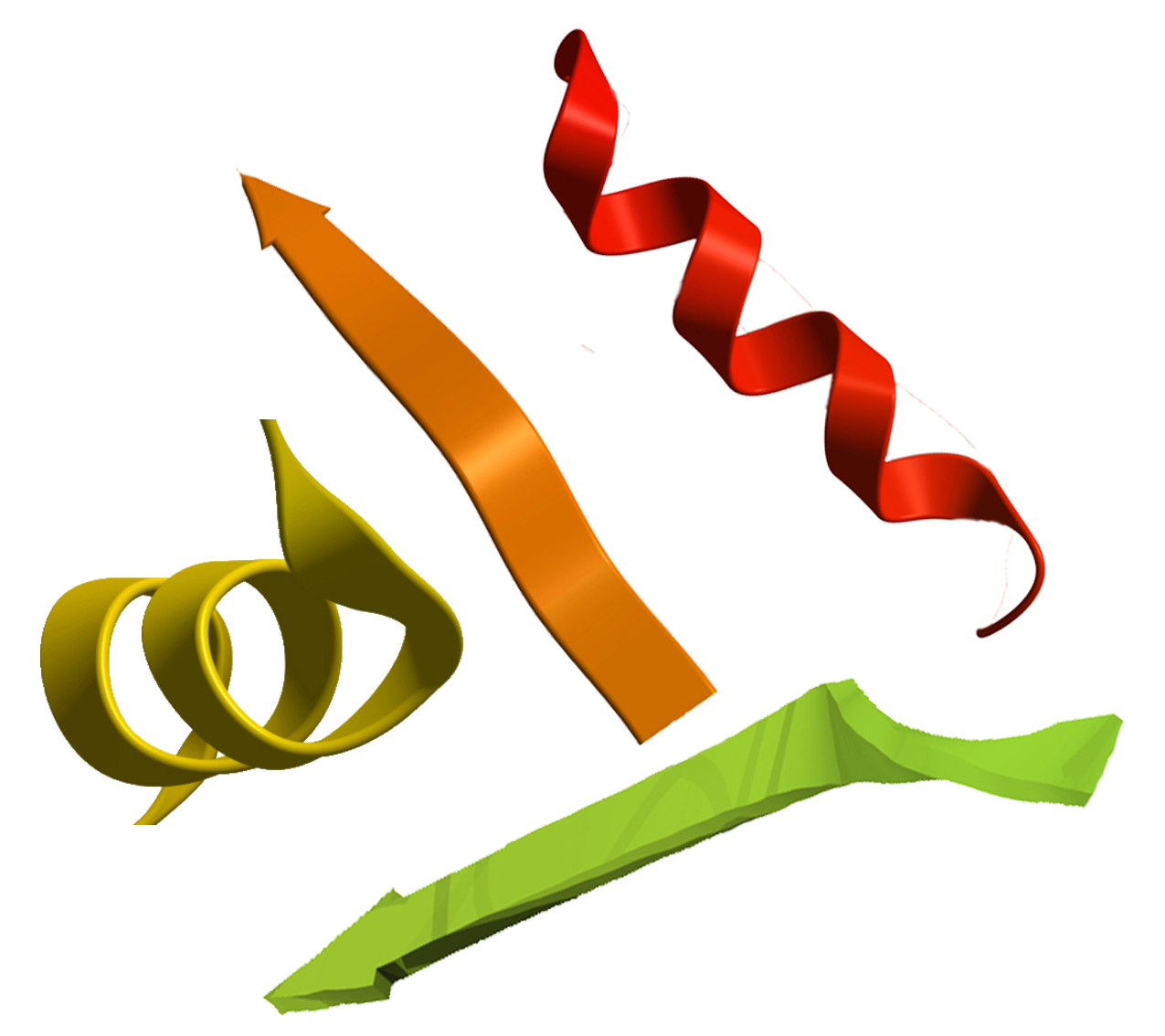 A red corkscrew shaped segment, an orange relatively flat segment with an arrow at one end, a green segment with an arrow at one end and a twist at the other, and a yellow spiral segment.