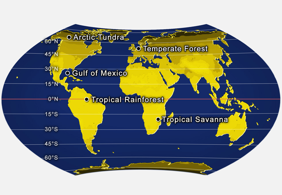 A map of Earth with 5 locations plotted.