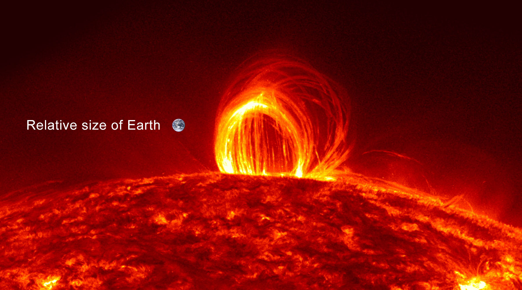 Close up image of the sun showing an eruption of plasma. An image of the Earth is shown for scale. The height of the eruption is about 8 times higher than Earth's diamater.