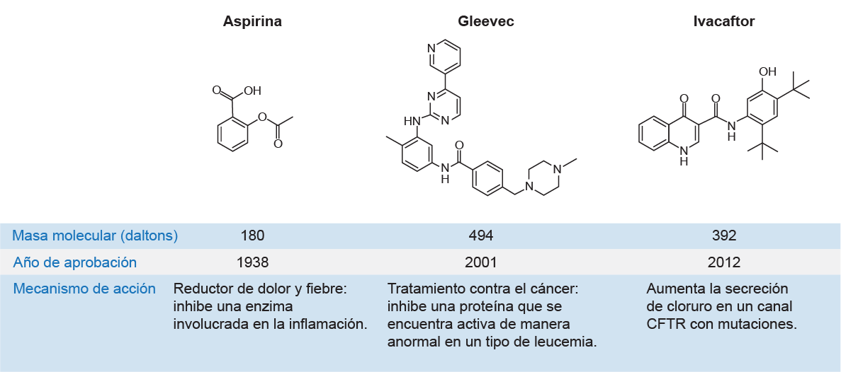 Tres diagramas muestran la estructura molecular de la aspirina, el Gleevec y el ivacaftor. Una tabla debajo de las tres estructuras indica la masa molar, el año de aprobación y el mecanismo de acción de cada medicamento. La aspirina tiene una masa molar de 180 g/mol (180 daltons), fue aprobada en 1938 y es un reductor del dolor y la fiebre: inhibe una enzima involucrada en la inflamación. El Gleevec tiene una masa molar de 494 g/mol (494 daltons), fue aprobado en 2001 y es un tratamiento contra el cáncer: inhibe una proteína que se encuentra activa de manera anormal en un tipo de leucemia. El ivacaftor tiene una masa molar de 392 g/mol (392 daltons), fue aprobado en 2012 y aumenta la secreción de cloruro en un canal C-F-T-R con mutaciones.