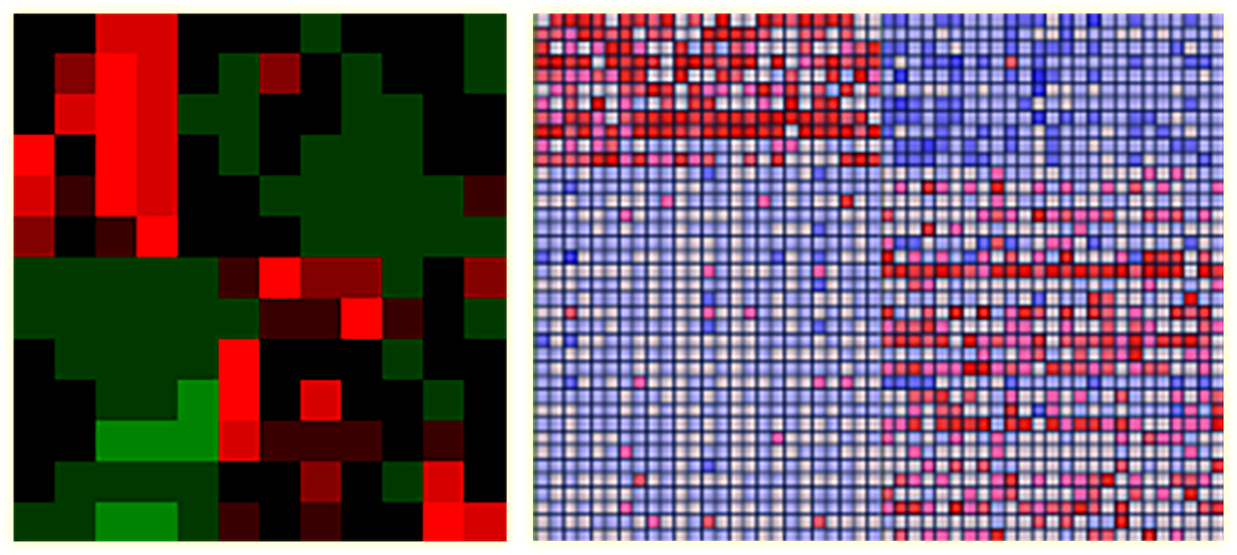 The same grid as in the previous slide alongside a larger, finer grid with alternating squares of red, blue, and white.