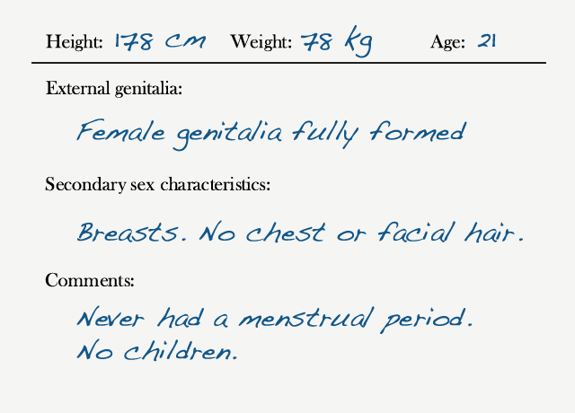 illustration of notes from exam that reads: Female genitalia fully formed. Breasts. No chest or facial hair. Never had a menstrual period. No children.