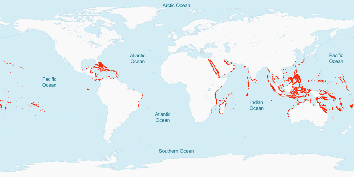 A simple flat map of the Earth with reef locations marked in red. The reef locations are dominantly in coastal ocean areas around the perimeter of the Caribbean Sea, around the islands in the Pacific Ocean and southeast of Asia, the Indian Ocean, the Red Sea, the Persian Gulf, along the mid-eastern coast of Africa, and around Madagascar.