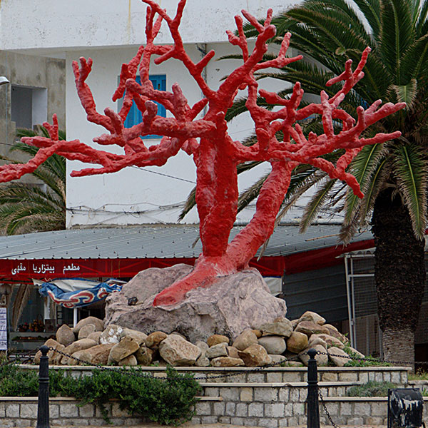 A photograph of a large, red, branching coral statue mounted on a rock in front of a building.