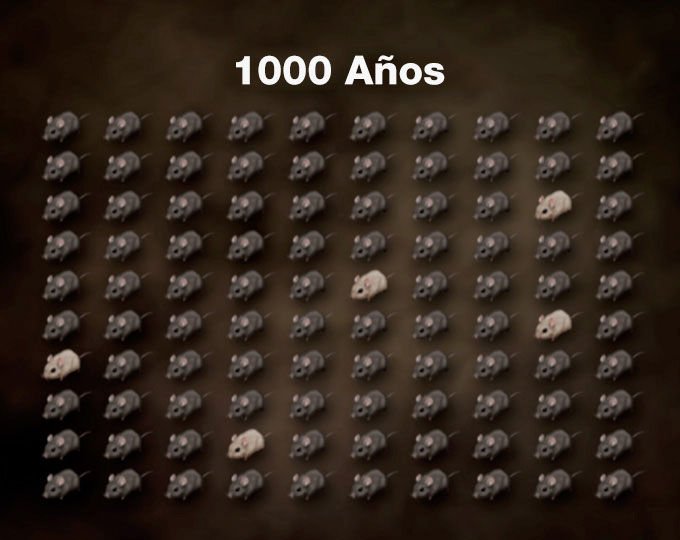 Una imagen con el título '1000 años' que muestra una matriz de 100 ratones, 5 de color claro, 95 de color oscuro.